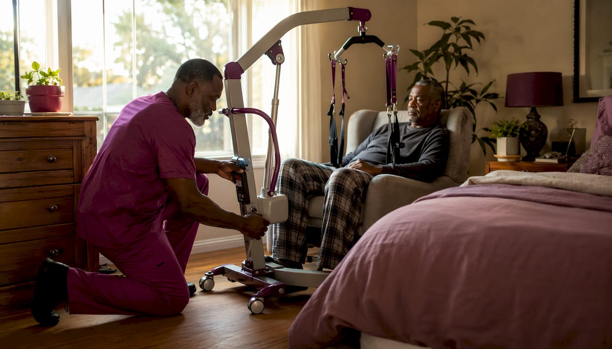 Caregiver using mechanical transfer device at home