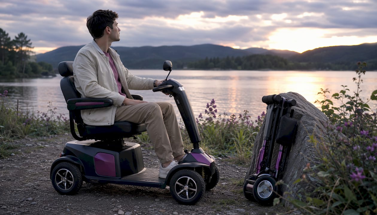 User seated on outdoor mobility scooter
