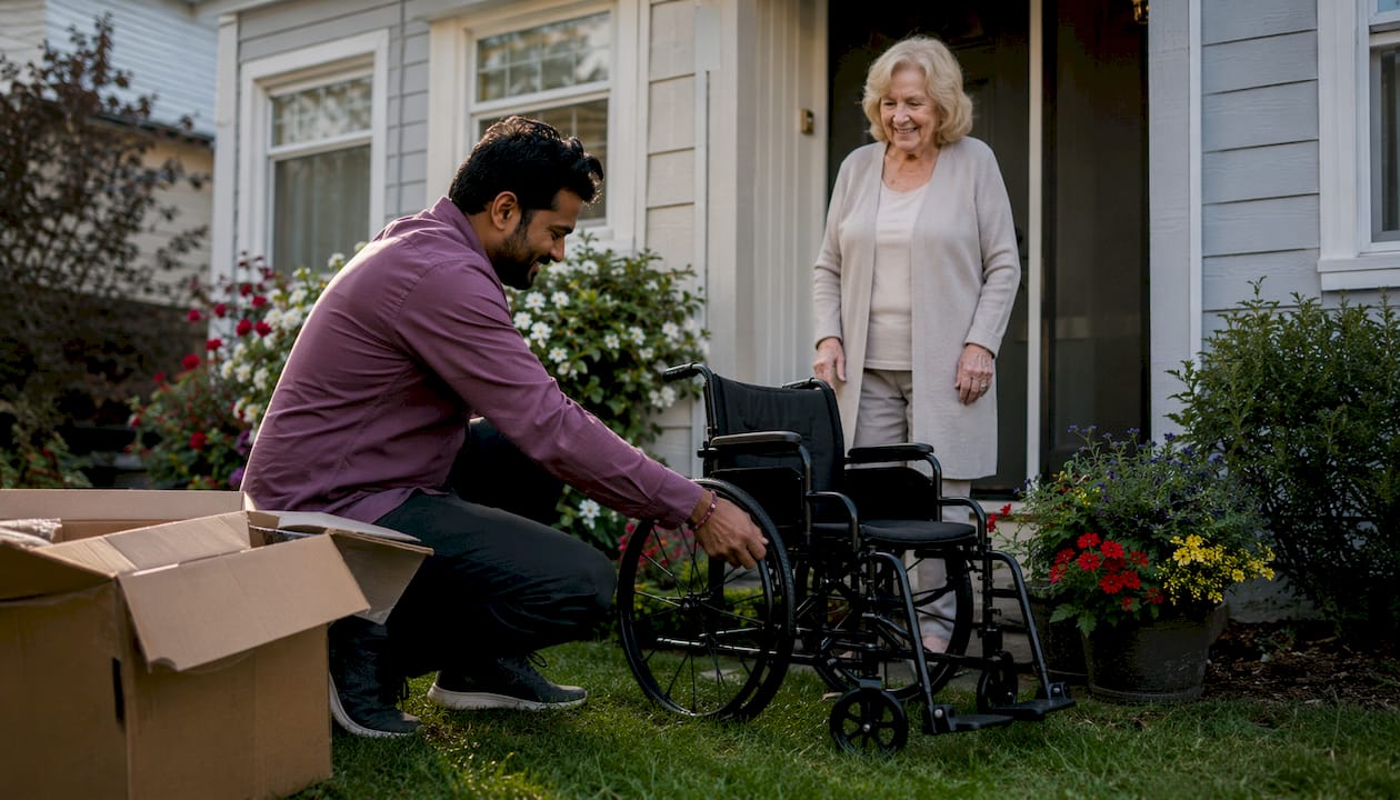 Delivery person handing wheelchair to caregiver