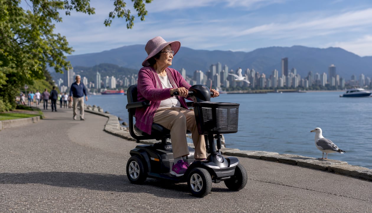 Senior woman riding rented mobility scooter outdoors