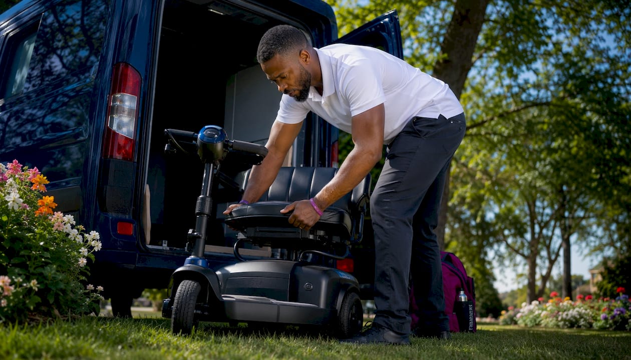 Healthcare worker loading mobility scooter into van
