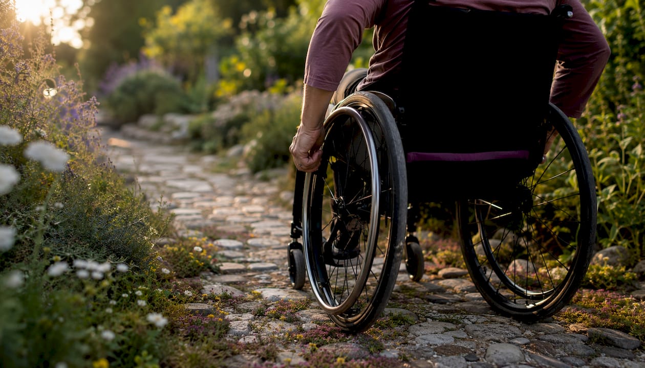 Close-up of hands pushing improperly sized wheelchair