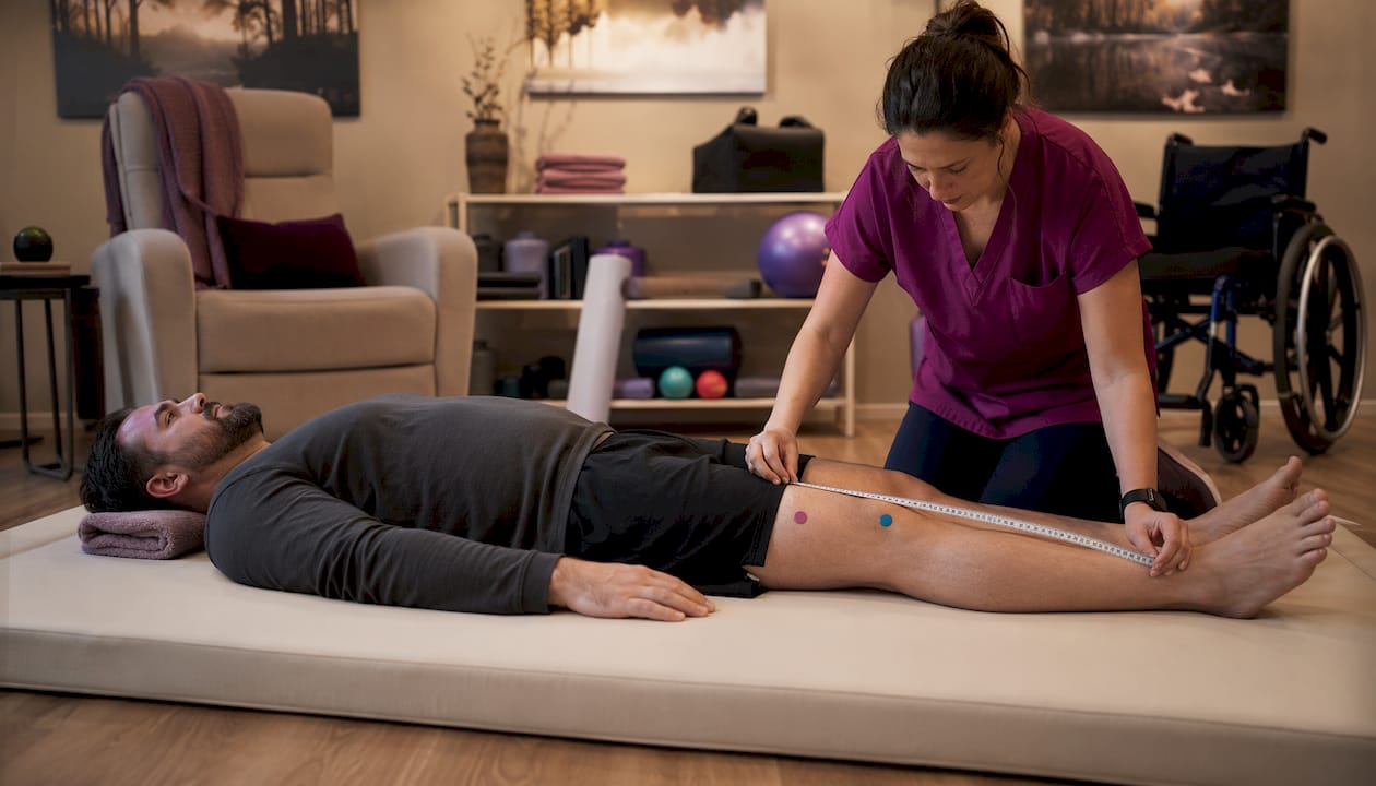 Clinician measuring patient lying supine on mat table