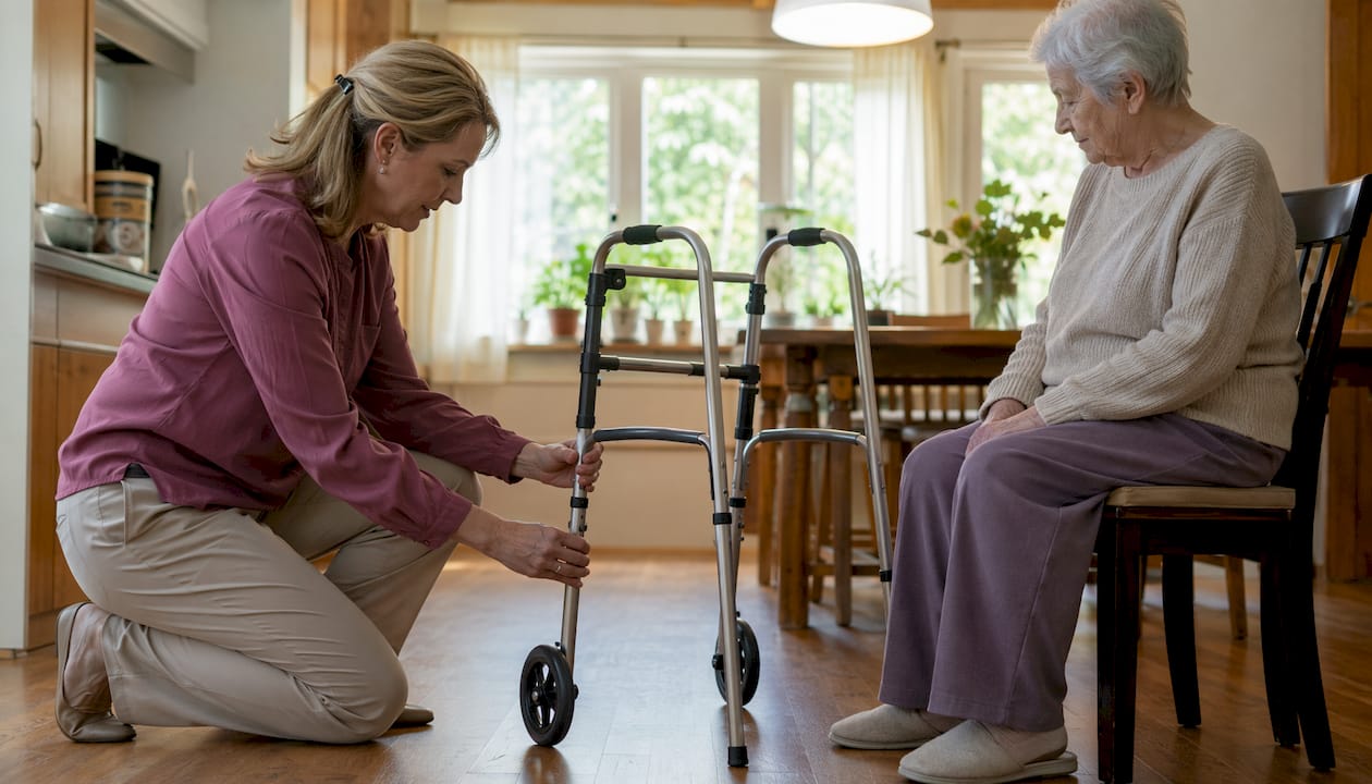 Physiotherapist adjusting walking frame for senior patient