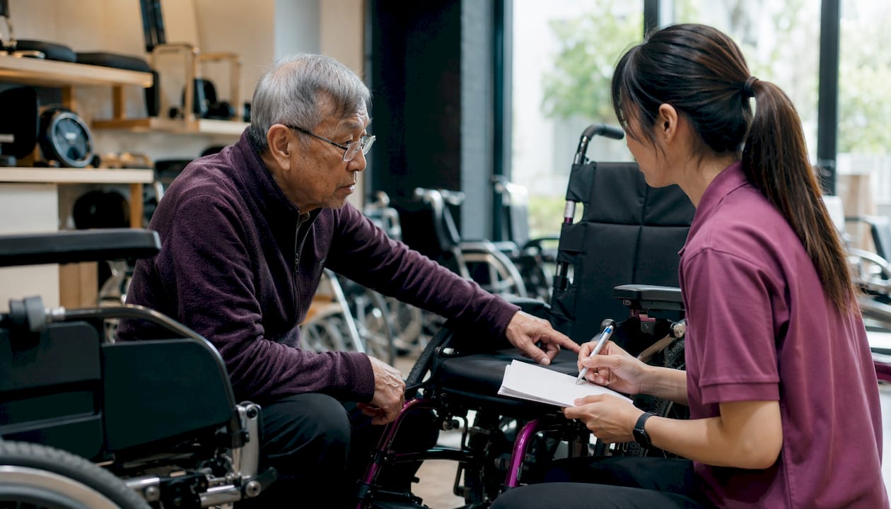 Elderly man discussing specs with staff in mobility store