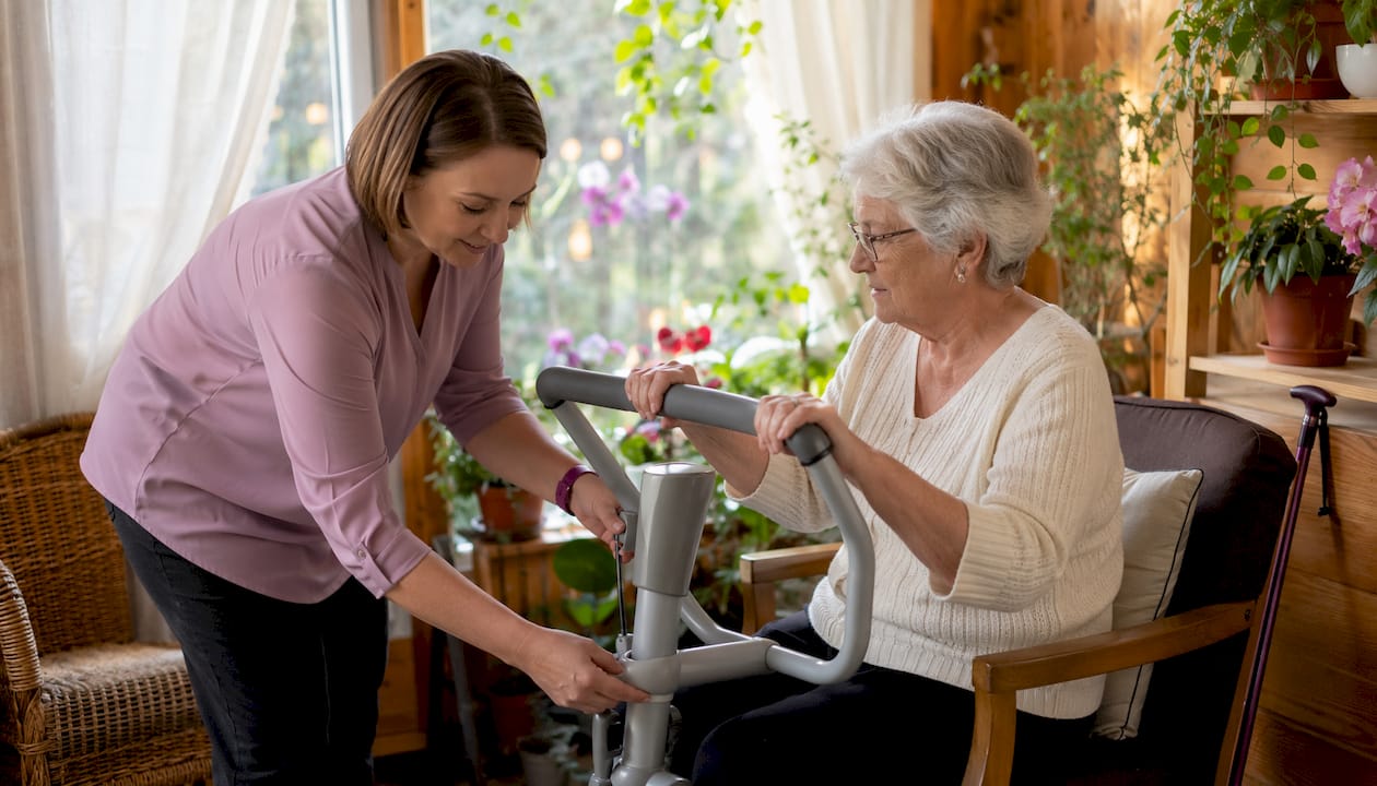 Therapist demonstrating Sara Stedy setup to elderly woman