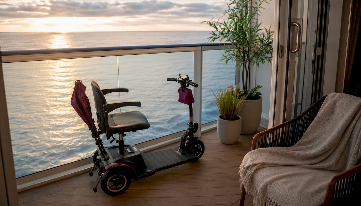 Compact 3-wheel scooter inside cruise ship cabin