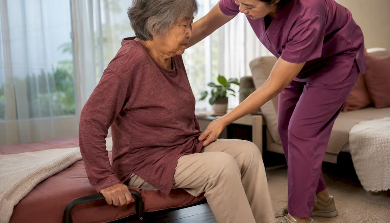 Elderly woman seated on low hospital bed with caregiver