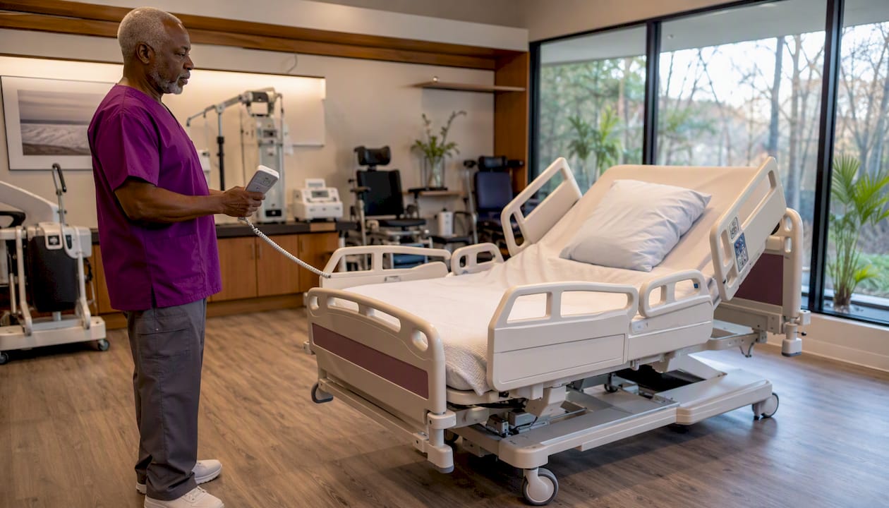 Hands operating full-electric hospital bed controls
