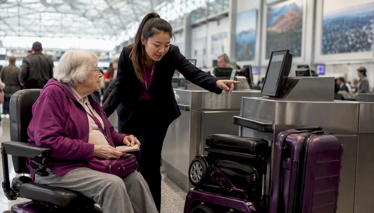 Airport agent assisting mobility scooter traveler