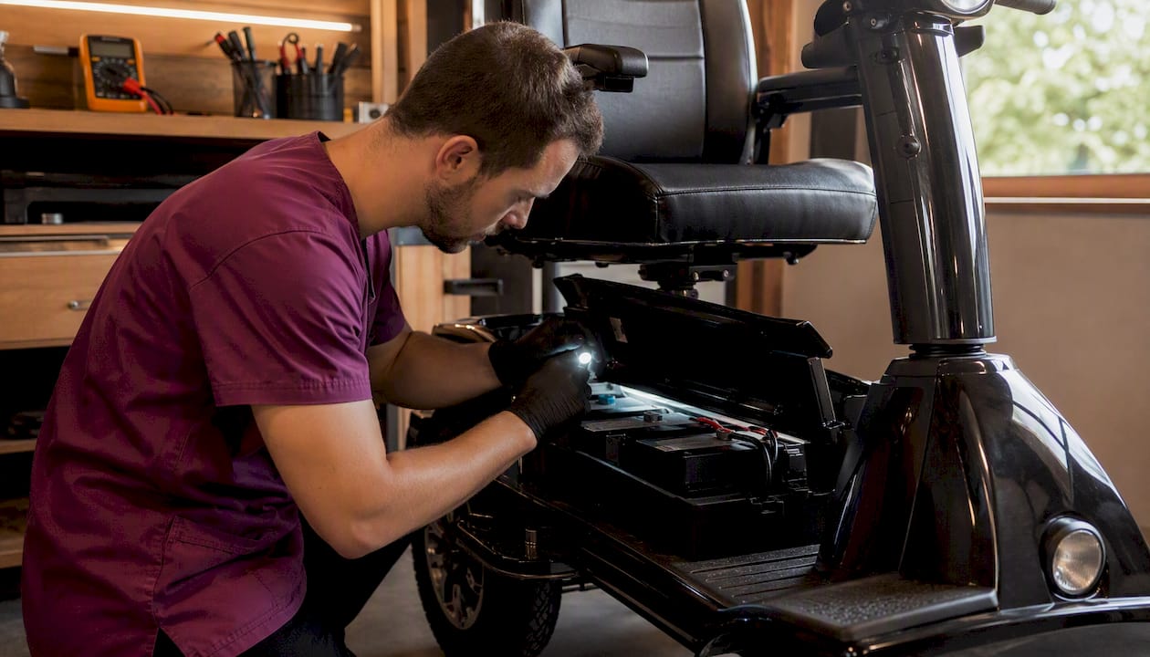 Technician inspecting mobility scooter battery closely