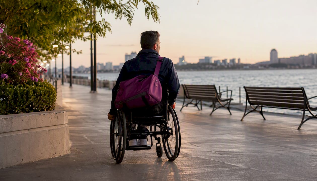 Man propels lightweight folding wheelchair in city
