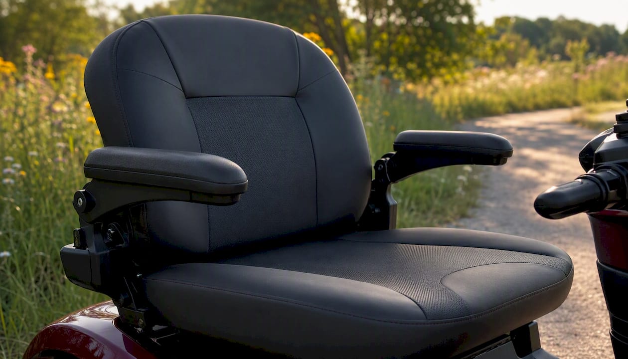 Close-up of wide mobility scooter seat and controls