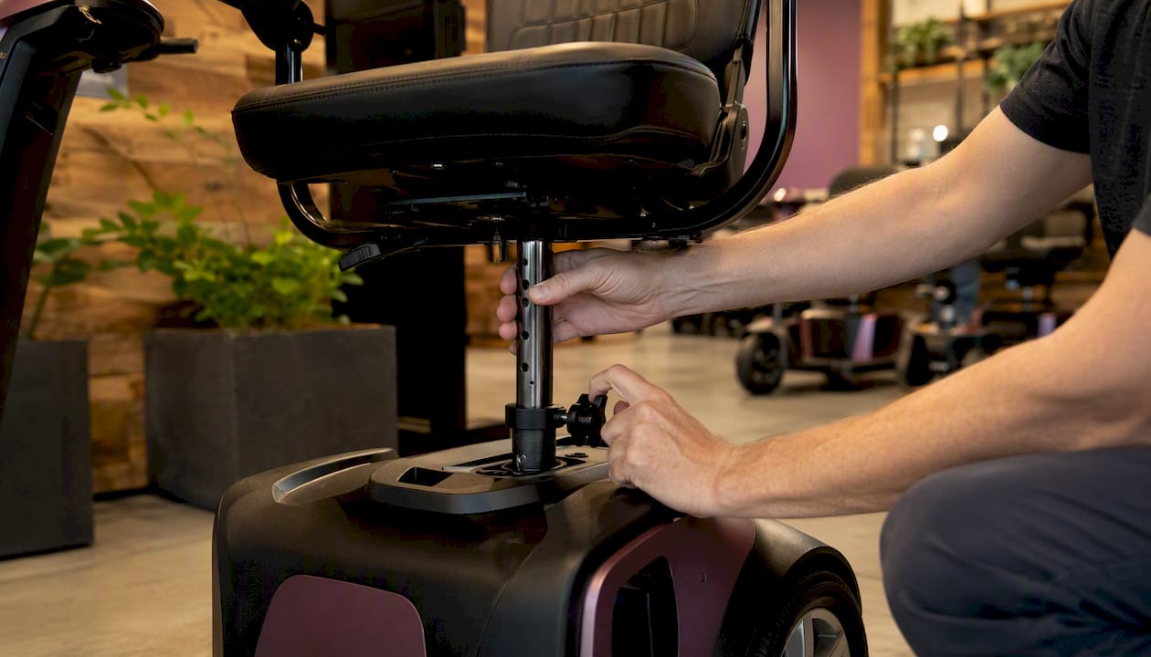 Technician adjusting scooter seat indoors