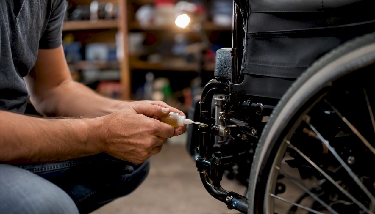 Technician hands repairing wheelchair wheel