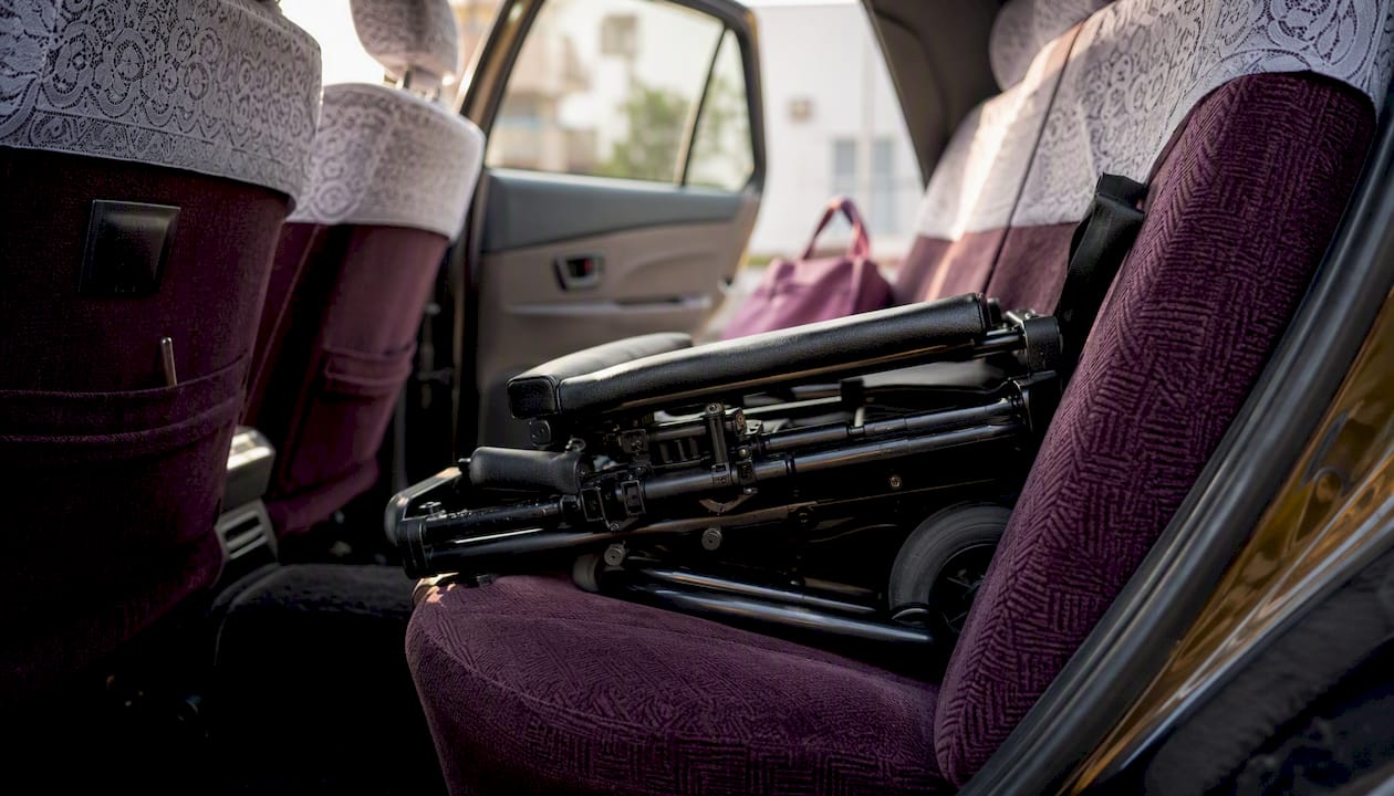 Folded lightweight wheelchair inside taxi back seat