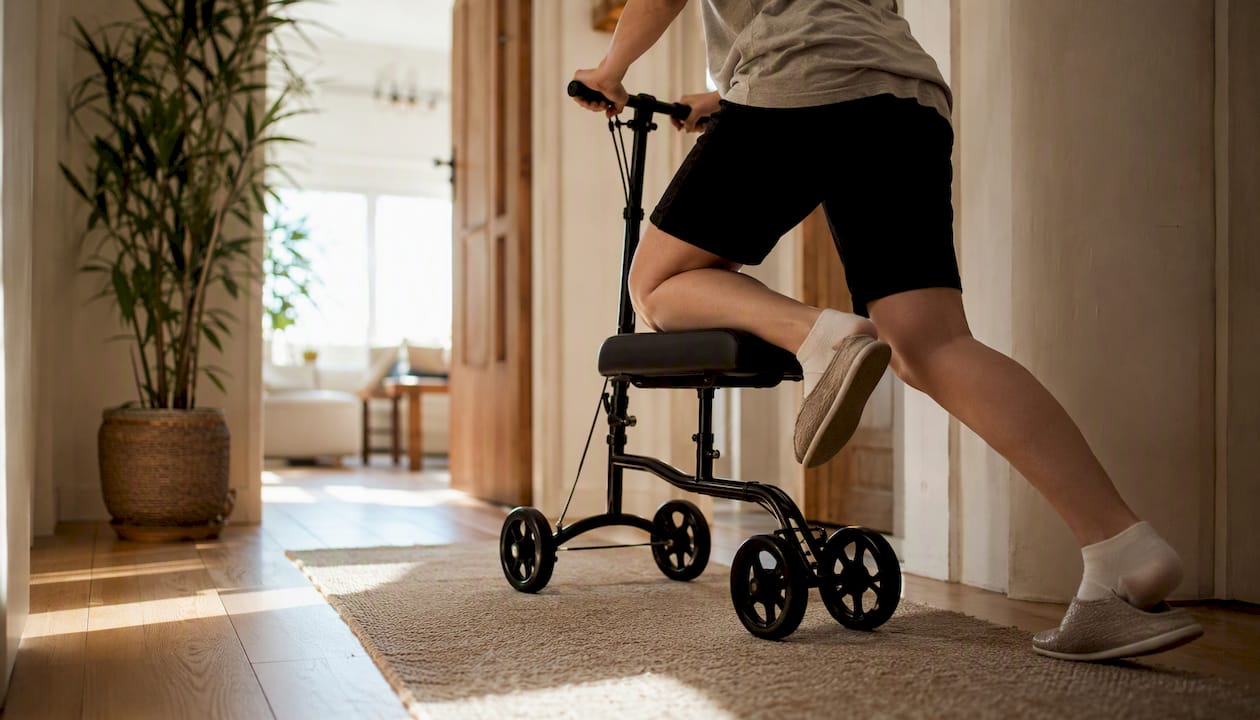 Person practicing knee scooter indoors