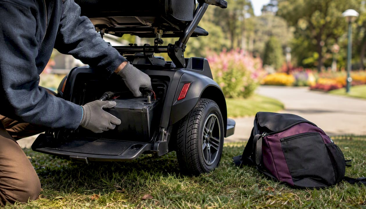 Scooter battery compartment open outdoors