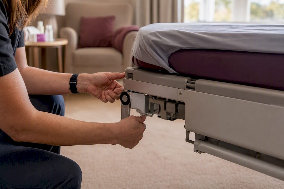 Hands demonstrating hospital bed emergency lowering lever