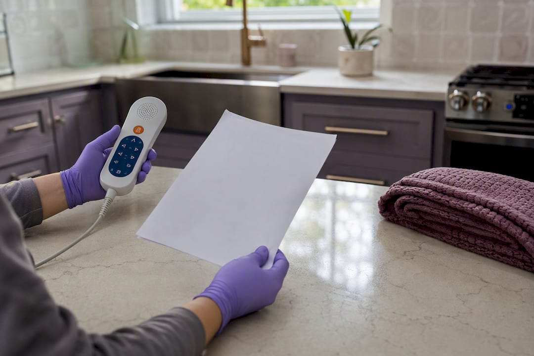 Technician hands holding sanitization record and bed remote