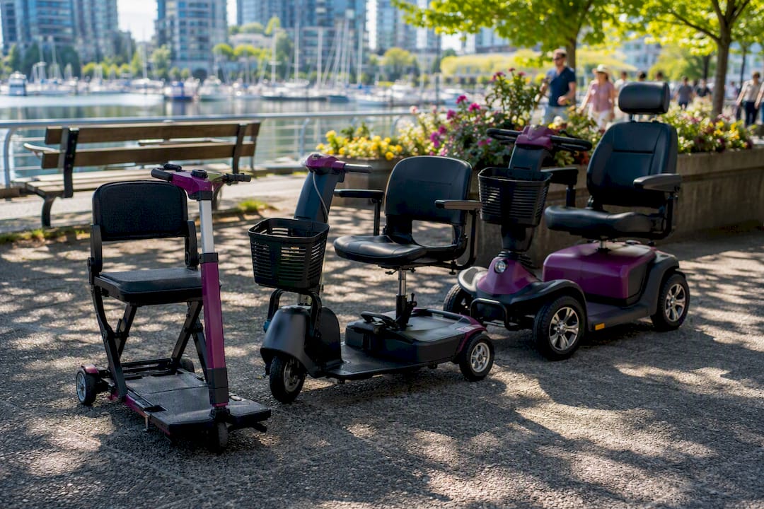 Partial views of different mobility scooter types outdoors