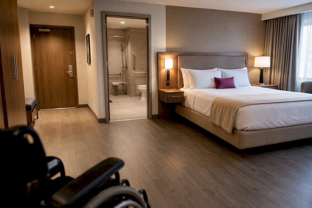 Accessible hotel room with clear mobility space