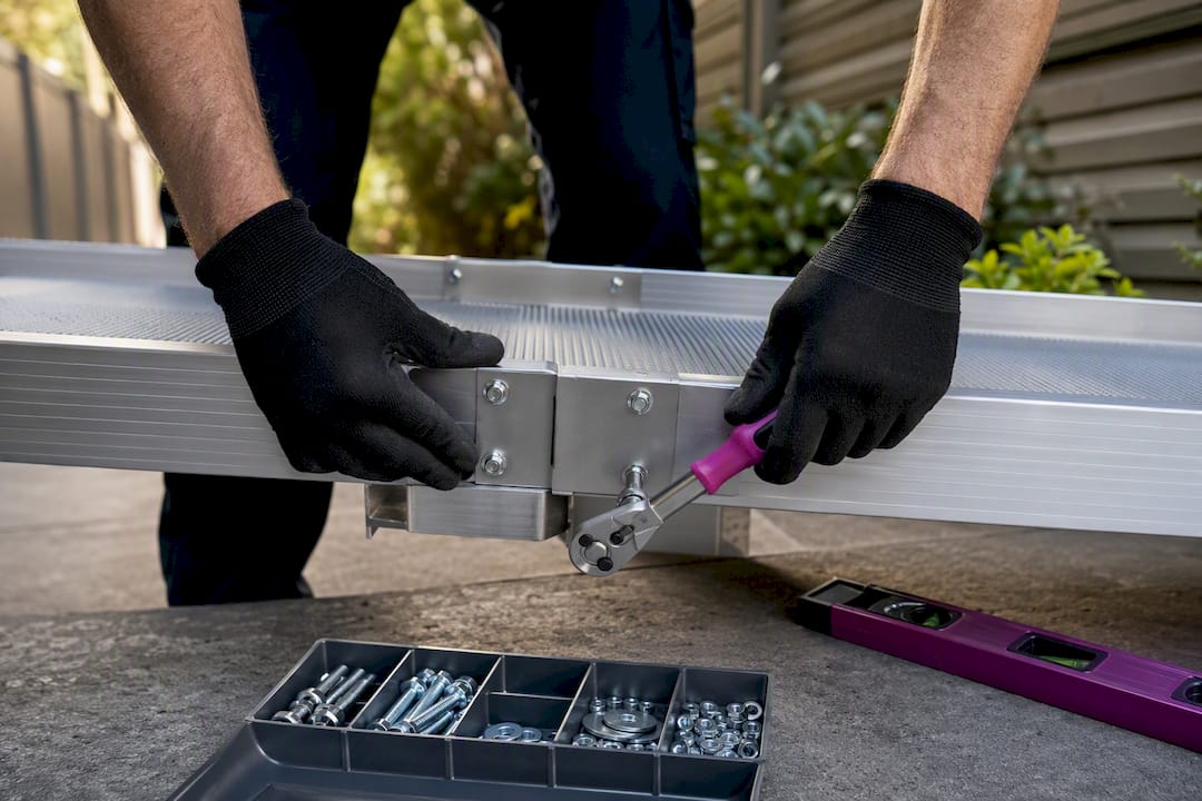 Technician joining modular ramp sections