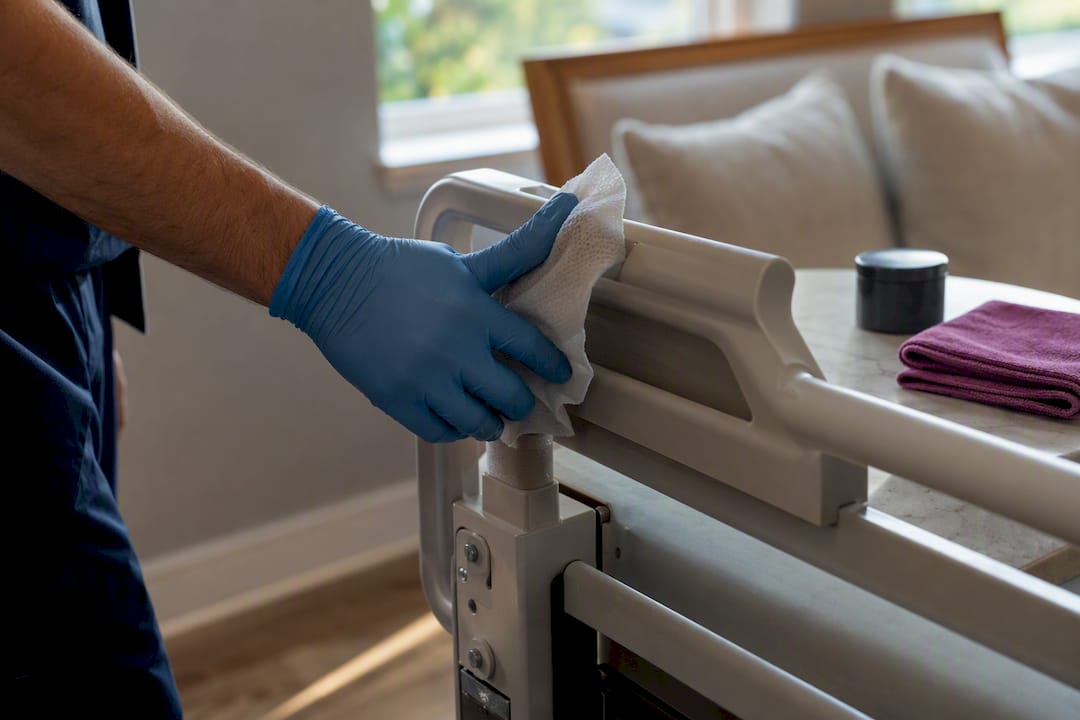 Technician sanitizing a hospital bed rail