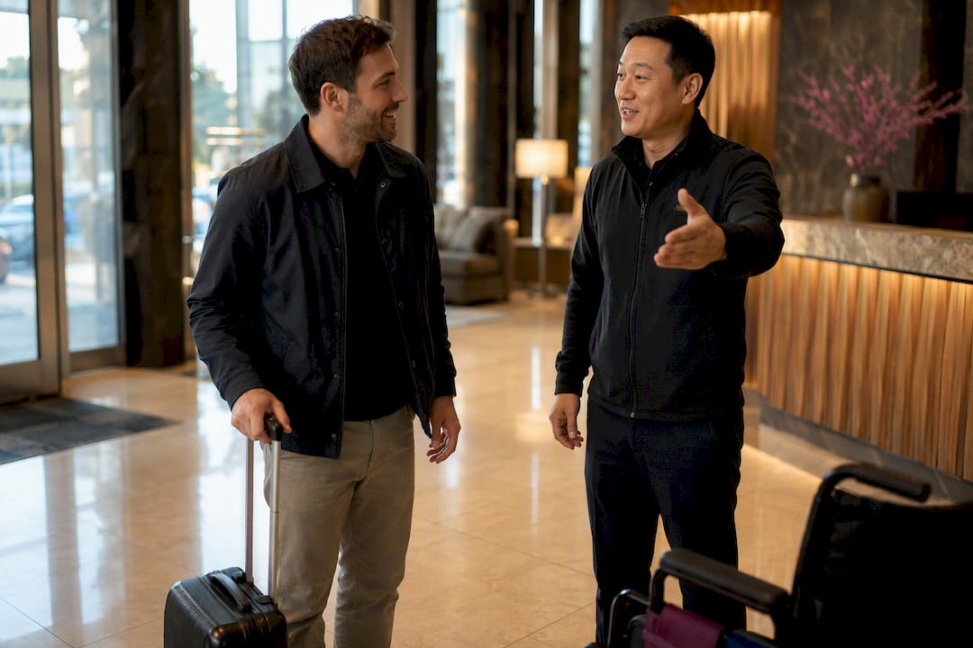 Traveller meeting delivery representative at hotel