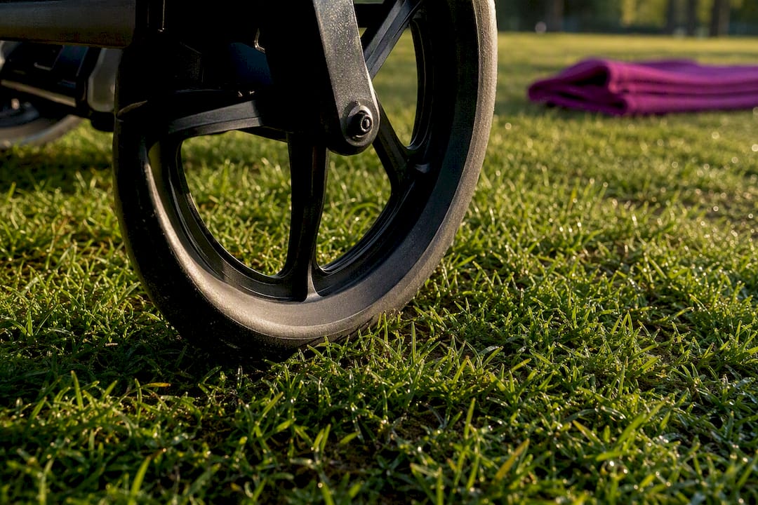 Mobility-aid wheel moving across soft grass