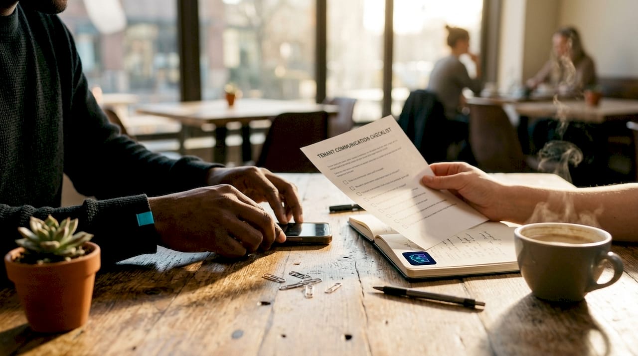 Hands arranging tenant communication checklist and phone