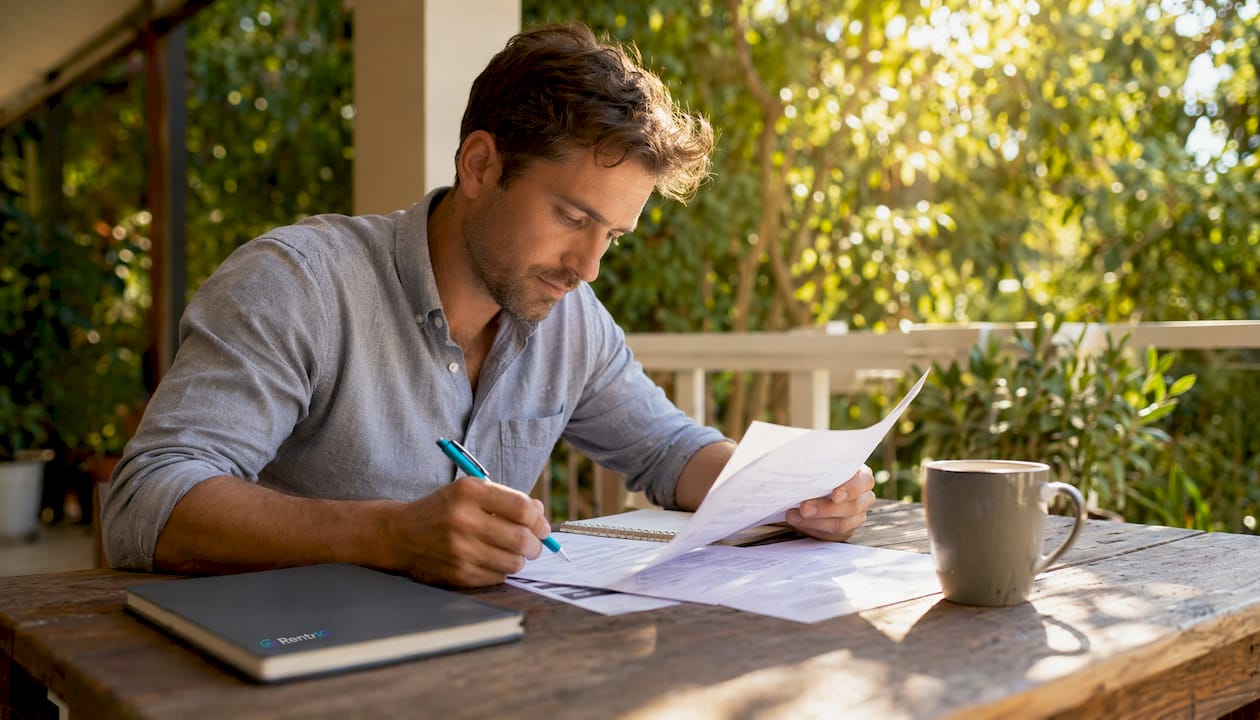 Property manager reconciling rental payments at desk