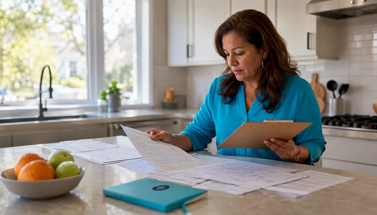 Landlord reviewing rental records at home