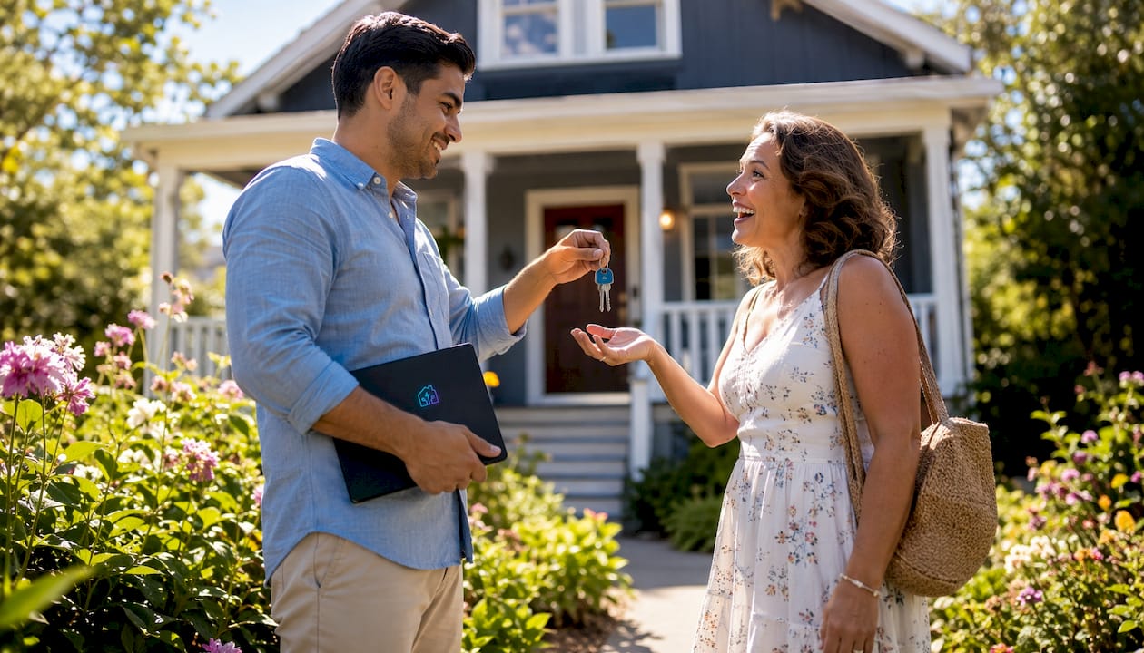 Landlord handing rental keys to tenant outdoors