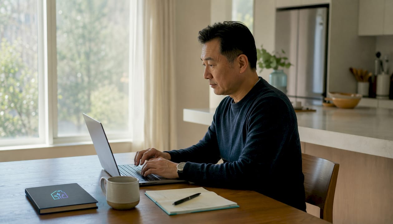 Hands typing on laptop in home office