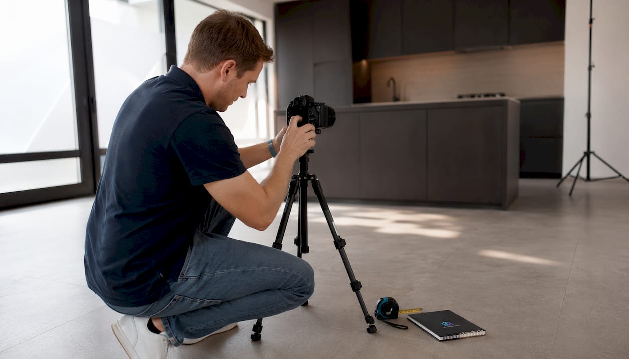 Photographer preparing camera for rental listing photos