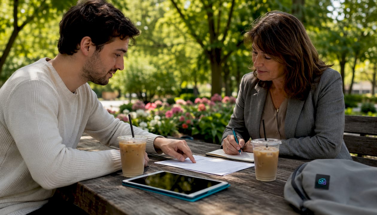 Couple discussing lease renewal over coffee