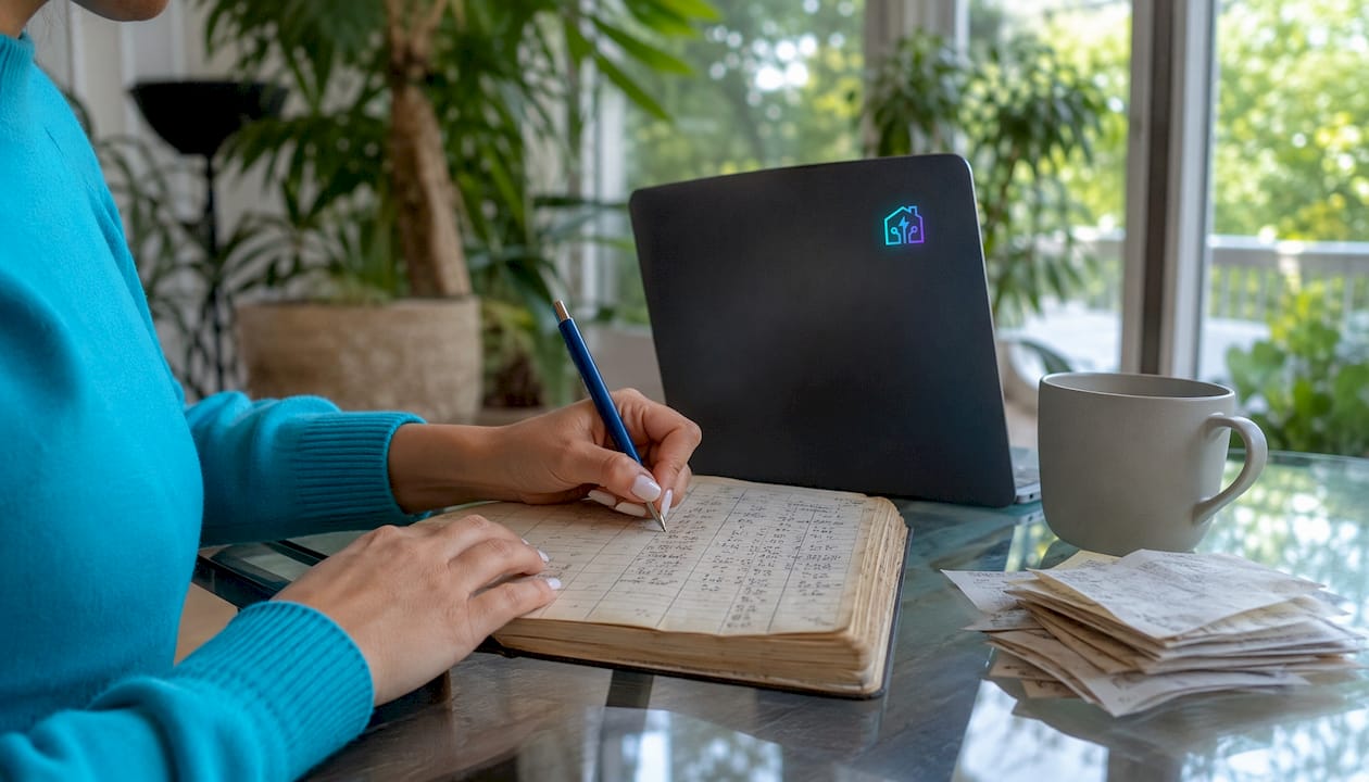 Hands writing maintenance records in logbook