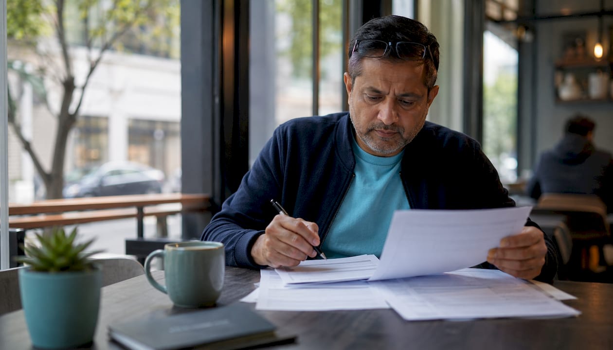 Man reviewing landlord insurance papers at home