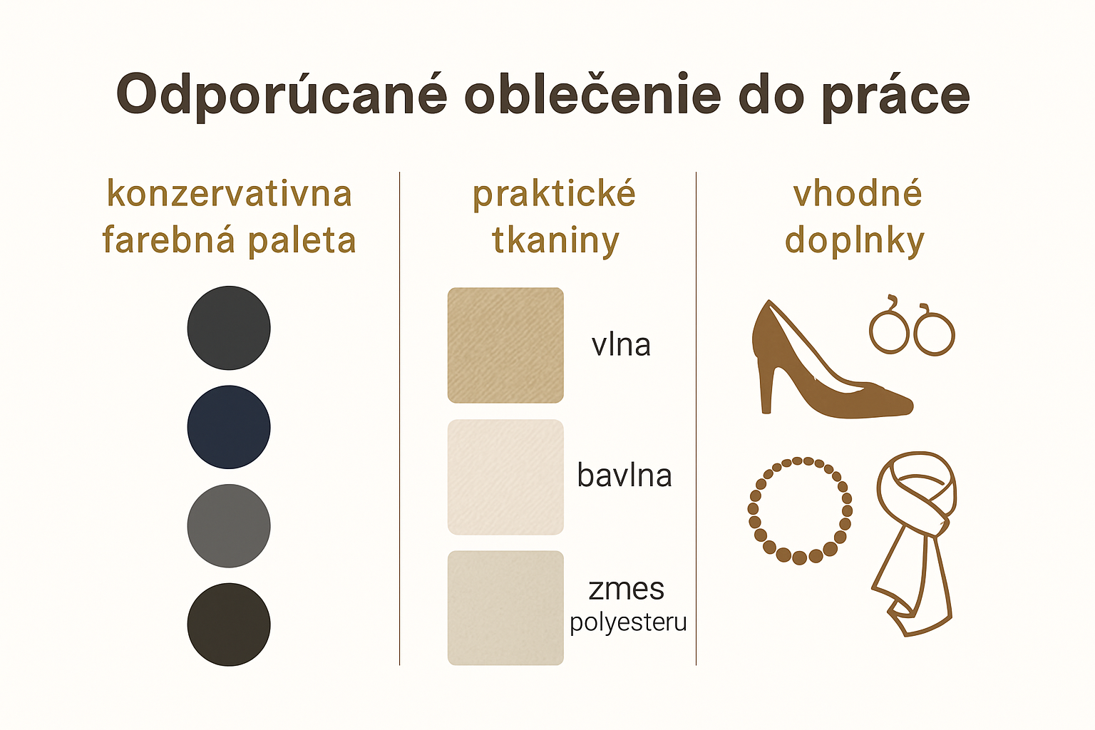 Infographic comparing colors, fabrics, and accessories for work dresses.