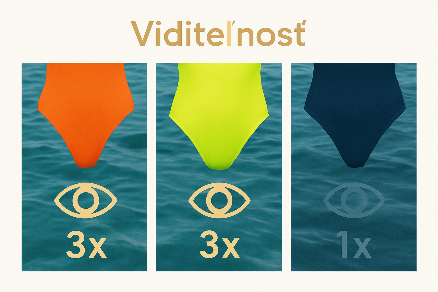Infographic comparing visibility of neon and dark swimwear colors in water