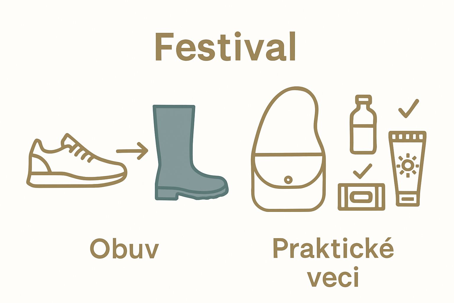 Infographic with festival footwear choices and compact essential bag contents