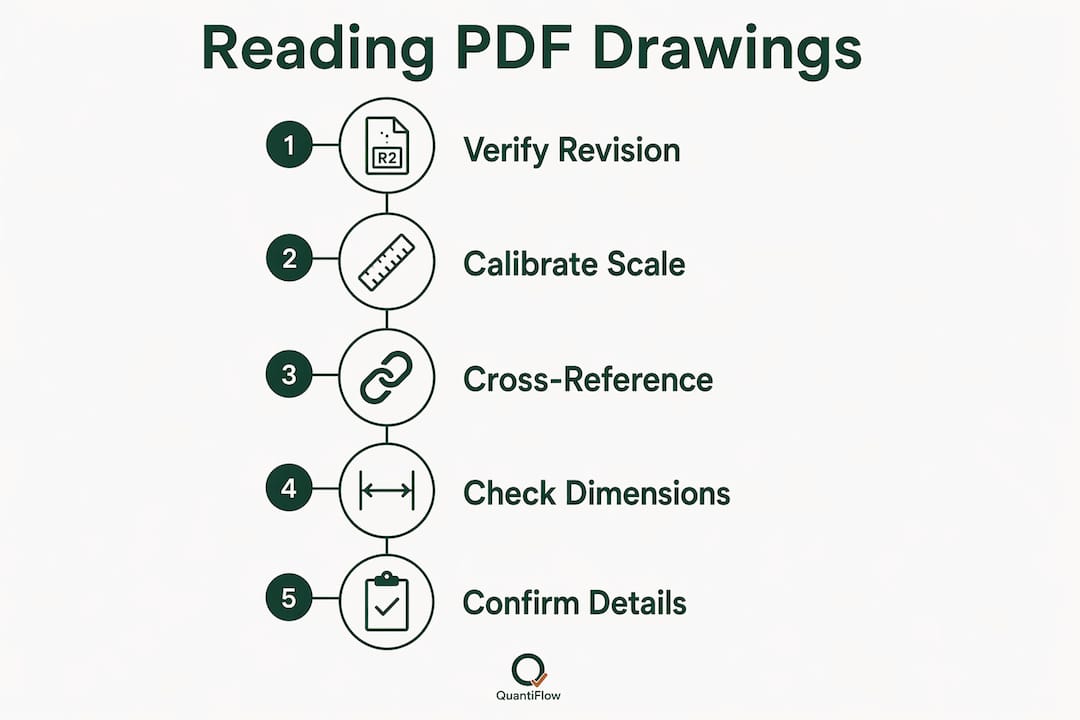 Infographic illustrating key steps for reading PDF construction drawings