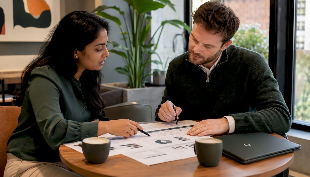 Two professionals discussing benchmarking charts