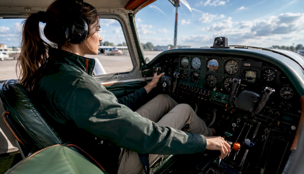 Pilot’s hands adjusting airplane flight controls