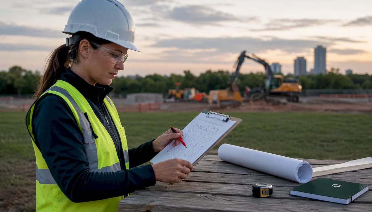 Site manager marking BoQ items on clipboard outdoors