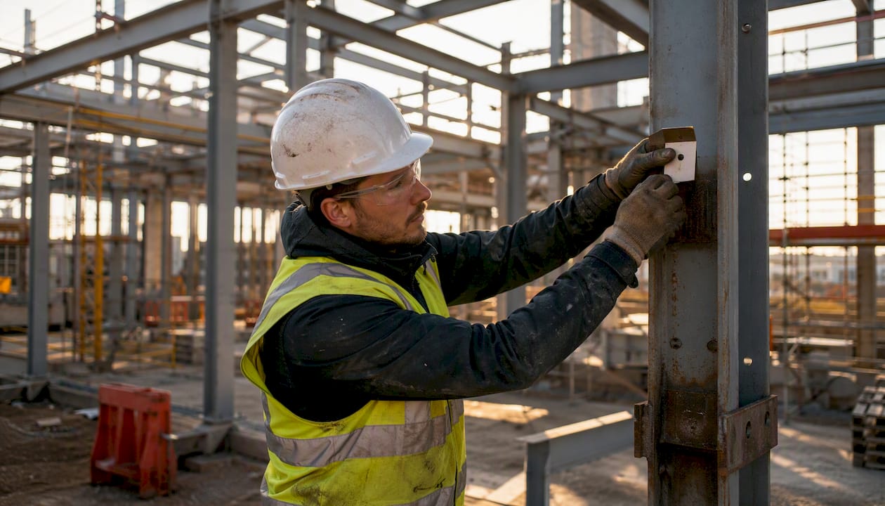 Hands attaching revision tag on construction frame