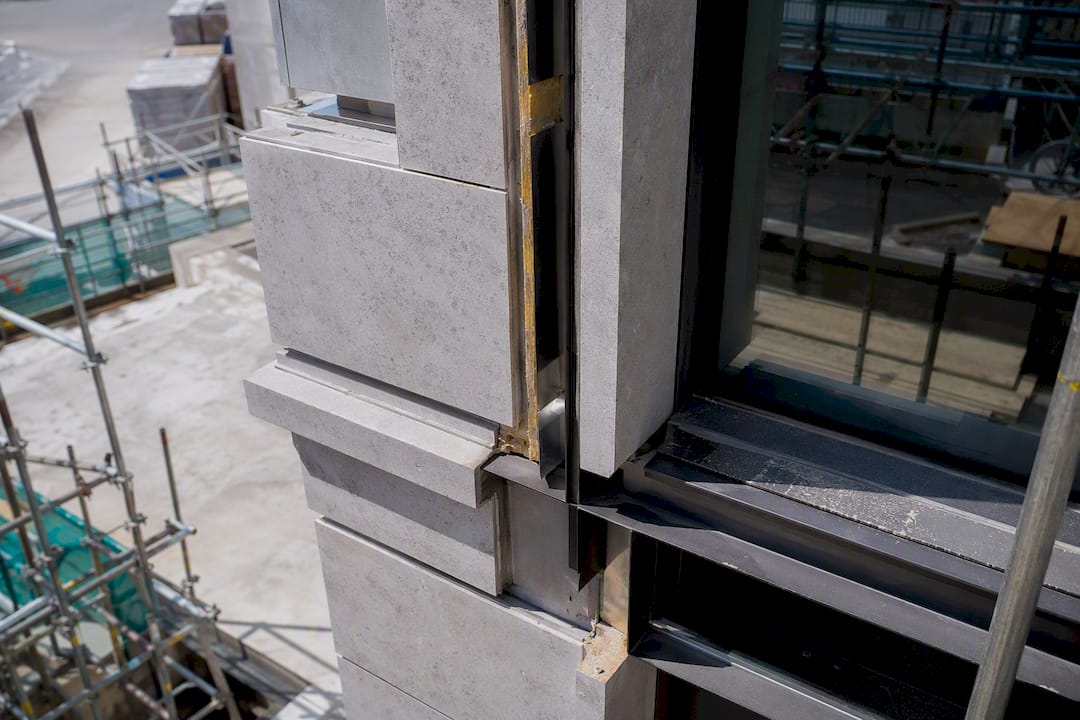 Complex building facade with layered materials and details