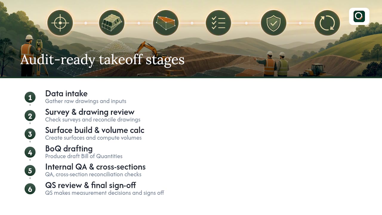 Eight-stage audit-ready earthworks workflow