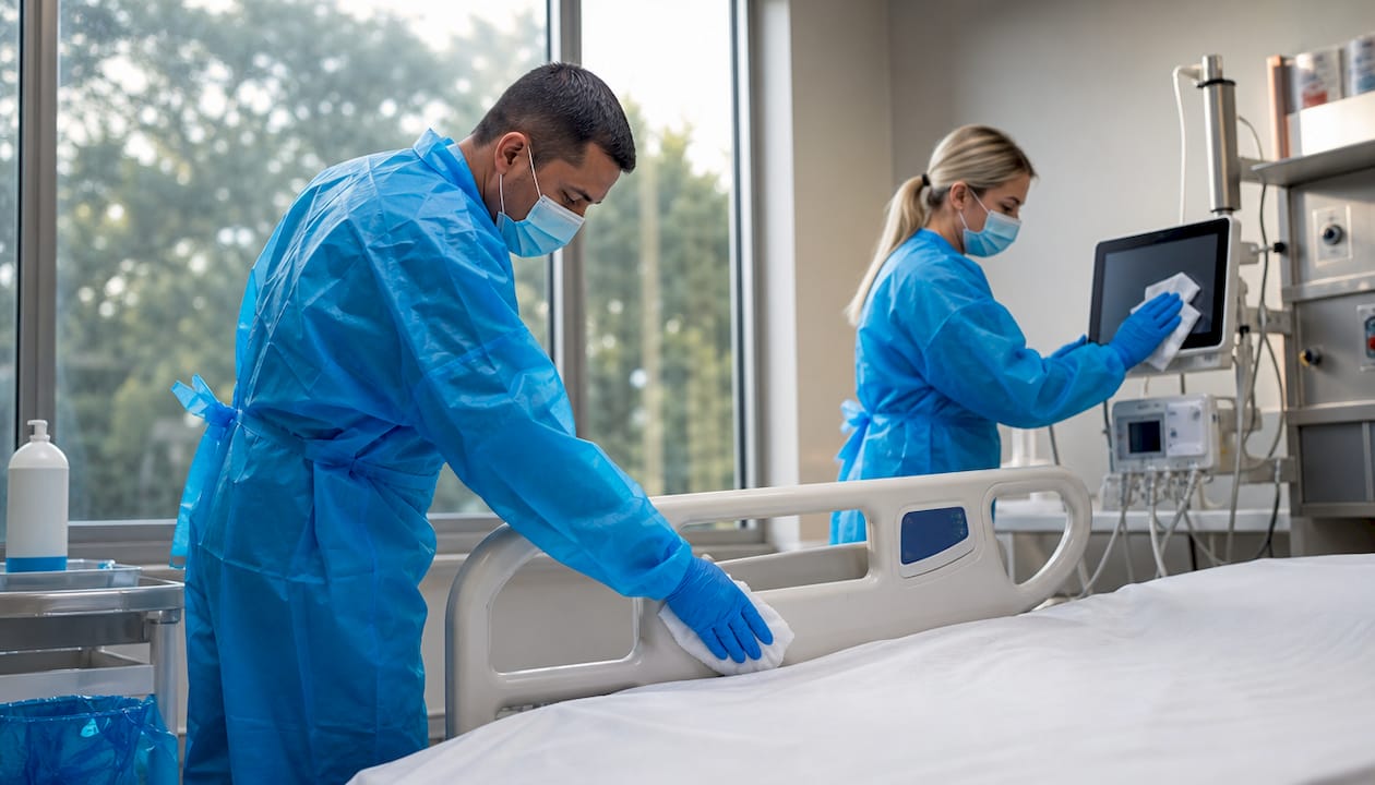 Cleaning staff disinfecting ICU patient area
